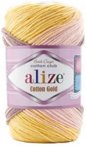 Пряжа Alize Cotton Gold Batik белый-кремовый-коричневый-желтый (6787), 45%акрил/55%хлопок, 330м, 100г