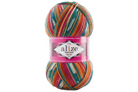 Пряжа Alize Superwash comfort socks оранжевый-малиновый-светло-изумрудный (7839), 75%шерсть/25%полиамид, 420м, 100г