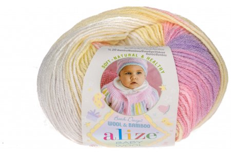 Пряжа Alize Baby Wool Batik бело-розово-сиренево-желтый (4006), 40%шерсть/20%бамбук/40%акрил, 175м, 50г