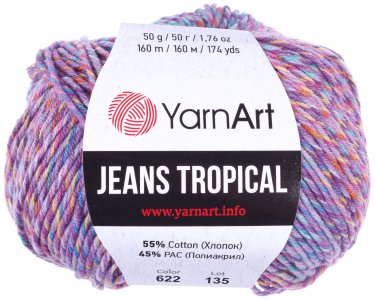 Пряжа YarnArt Jeans tropikal сиреневый меланж (622), 55%хлопок/45%акрил, 160м, 50г