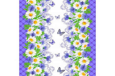 Ткань вафельное полотно ТХБК Ромашки, цикорий, бабочки сиреневый (5600-1), 50см, 5м