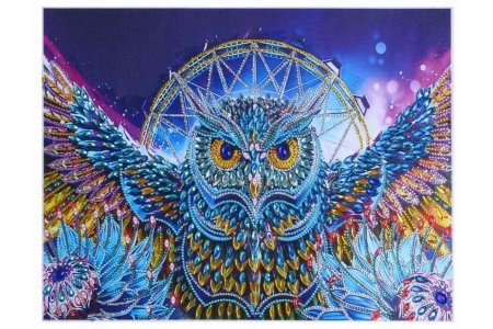 Мозаичная картина стразами КАРОЛИНКА с декоративными элементами 5Д Хрустальная сова, 40*50см