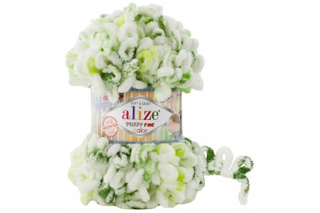 Пряжа Alize Puffy fine color белый-ярко-салатовый-зеленый (7627), 100%микрополиэстер, 14,5м, 100г