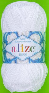 Пряжа Alize Miss белый (55), 100% мерсеризованный хлопок, 280м, 50г
