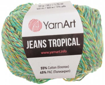 Пряжа YarnArt Jeans tropikal зеленый меланж (616), 55%хлопок/45%акрил, 160м, 50г