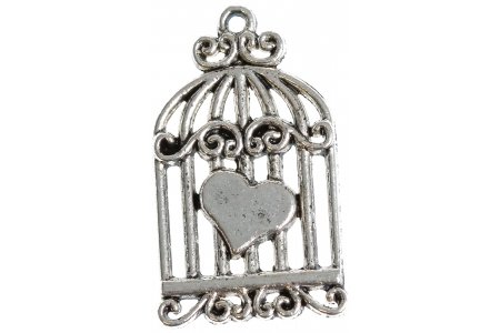 Подвеска металлическая Клетка с сердцем 2, с колечком, античное серебро 34*20*1,7мм