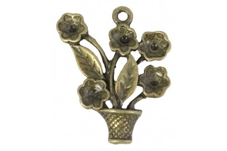 Подвеска металлическая Цветы в горшочке, с колечком, античная бронза, 23*28,5*4,5мм