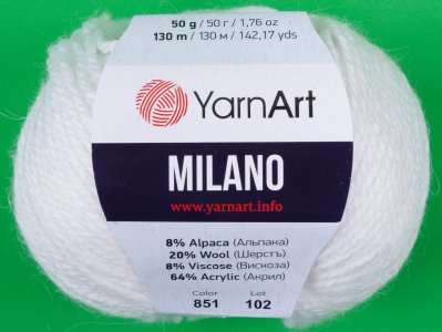 Пряжа Yarnart Milano белый (851), 8%альпака/20%шерсть/8%вискоза/64%акрил, 130м, 50г