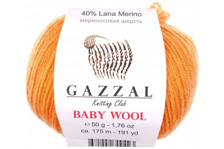 Пряжа Gazzal Baby Wool оранжевый (837), 40%шерсть мериноса/20%кашемирПА/40%акрил, 175м, 50г