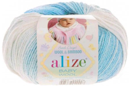 Пряжа Alize Baby Wool Batik белый-бирюзовый (7543), 40%шерсть/20%бамбук/40%акрил, 175м, 50г