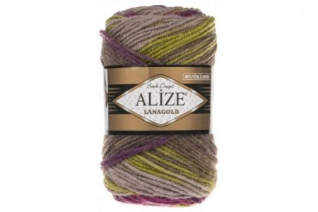 Пряжа Alize Lanagold Batik оливковый-серый-лиловый (3940), 51%акрил/49%шерсть, 240м, 100г