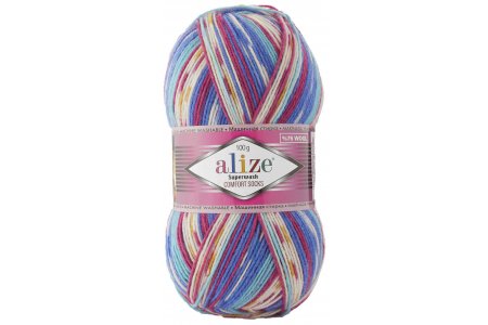 Пряжа Alize Superwash comfort socks белый-синий-бирюзовый-цикламен (7654), 75%шерсть/25%полиамид, 420м, 100г