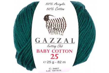 Пряжа Gazzal Baby Cotton 25 темно-зеленый (3467), 50%хлопок/50%акрил, 82м, 25г