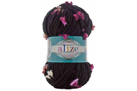 Пряжа Alize Superlana Maxi Flower черный-белые/розовые цветы (6221), 25%шерсть/70%акрил/5%полиамид, 80м, 100г