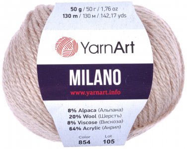 Пряжа Yarnart Milano светло-бежевый (854), 8%альпака/20%шерсть/8%вискоза/64%акрил, 130м, 50г
