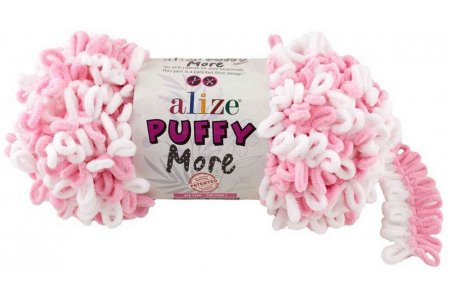 Пряжа Alize Puffy More белый-розовый (6267), 100%микрополиэстер, 11,5м, 150г