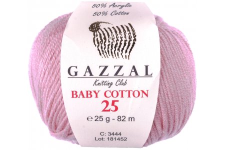 Пряжа Gazzal Baby Cotton 25 розовая пудра (3444), 50%хлопок/50%акрил, 82м, 25г