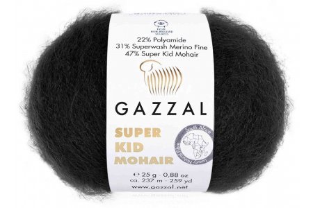 Пряжа Gazzal Super Kid Mohair черный (64409), 31%меринос/47%супер кид мохер/22%полиамид, 237м, 25г