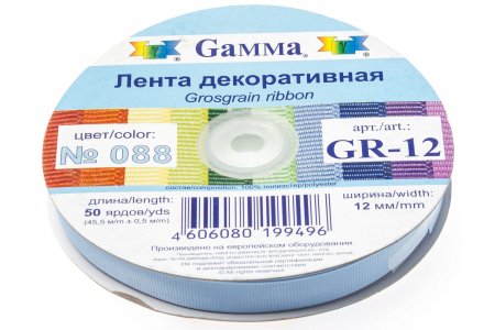Тесьма GAMMA репсовая, голубой (088), 12мм, 1м