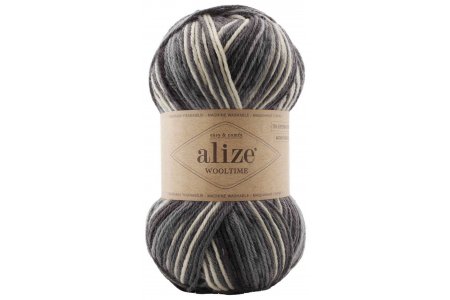 Пряжа Alize Wooltime принт черный-серый-белый (11016), 75%шерсть/25%полиамид, 200м, 100г