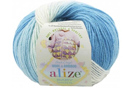 Пряжа Alize Baby Wool Batik белый-голубой-бирюзовый (2130), 40%шерсть/20%бамбук/40%акрил, 175м, 50г