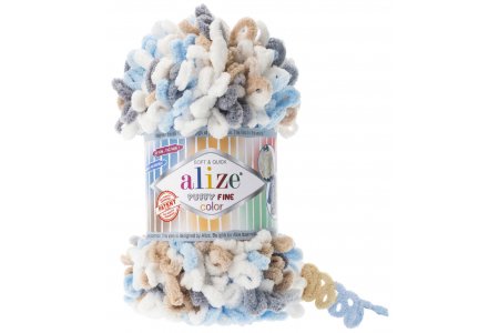 Пряжа Alize Puffy fine color белый-голубой-серый-бежевый (5946), 100%микрополиэстер, 14,5м, 100г