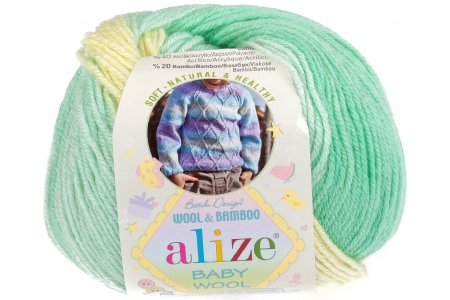 Пряжа Alize Baby Wool Batik белый-зеленый (2131), 40%шерсть/20%бамбук/40%акрил, 175м, 50г