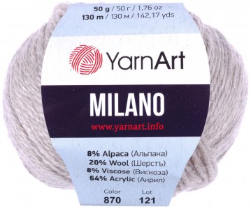 Пряжа Yarnart Milano светло-серый (870), 8%альпака/20%шерсть/8%вискоза/64%акрил, 130м, 50г