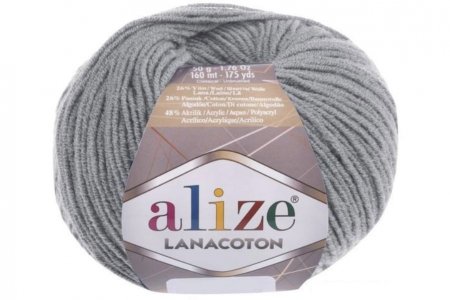 Пряжа Alize Lanacoton серый меланж (21), 26%шерсть/26%хлопок/48%акрил, 160м, 50г