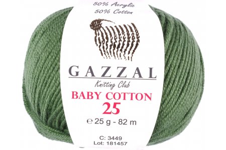Пряжа Gazzal Baby Cotton 25 оливковый (3449), 50%хлопок/50%акрил, 82м, 25г