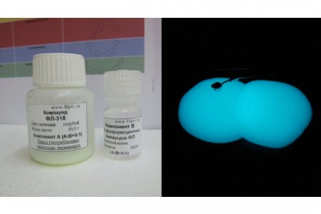 РАСПРОДАЖА Эпоксидная смола двухкомпонентная фосфоресцентная, при дневном свете белый, цвет послесвечения(длительного) голубой, 10г и 2г