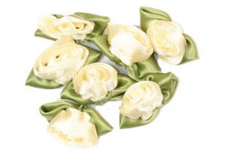 Цветок из ткани Роза с листьями, бледно-желтый, d1,3см