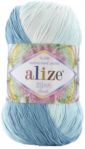 Пряжа Alize Miss Batik белый-бирюзовый-голубой (2130), 100% мерсеризованный хлопок, 280м, 50г
