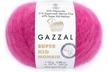 Пряжа Gazzal Super Kid Mohair ярко-розовый (64421), 31%меринос/47%супер кид мохер/22%полиамид, 237м, 25г